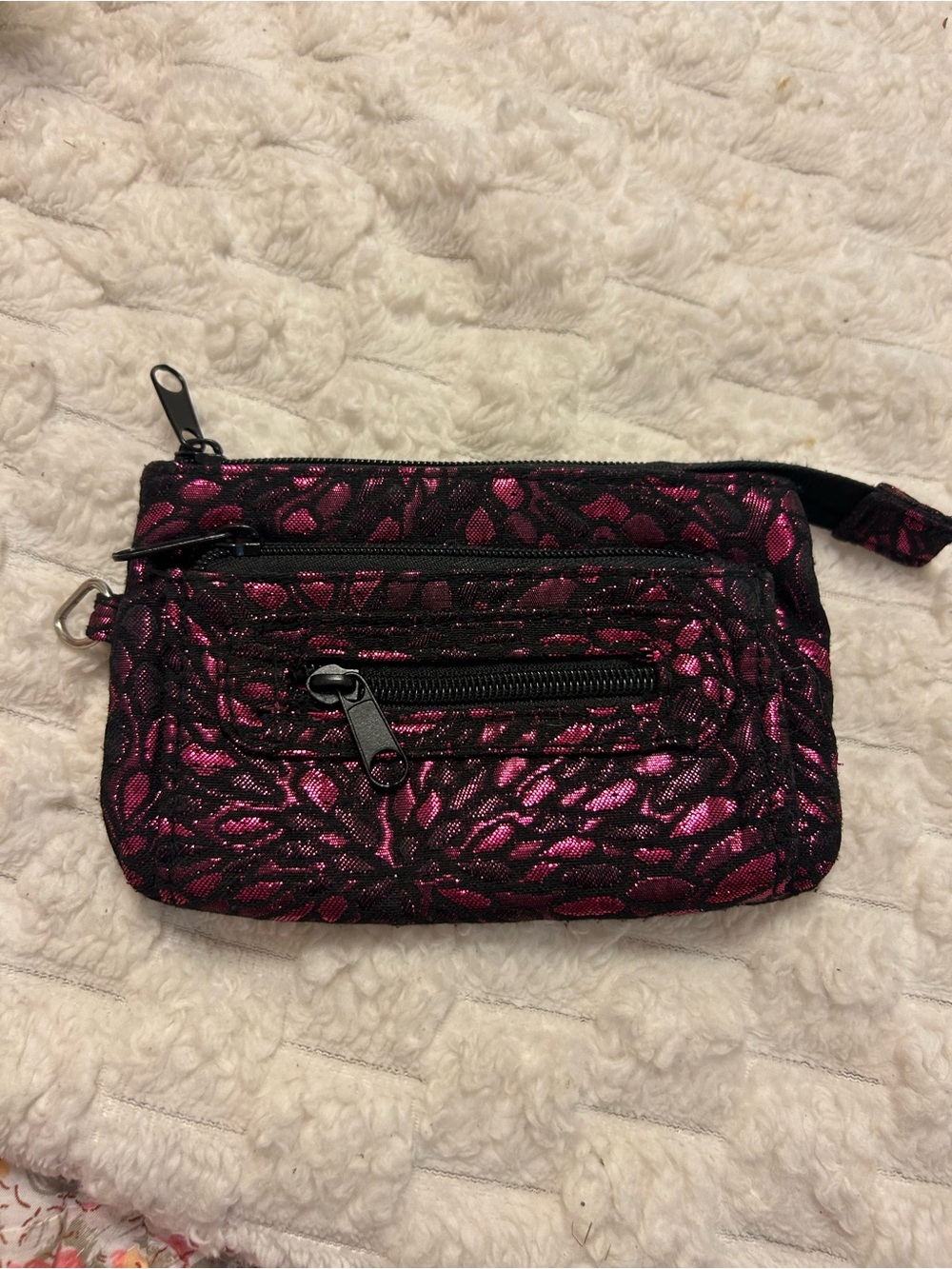 Metallic Magenta & Black Brocade Zip Coin Purse Wallet Pouch
